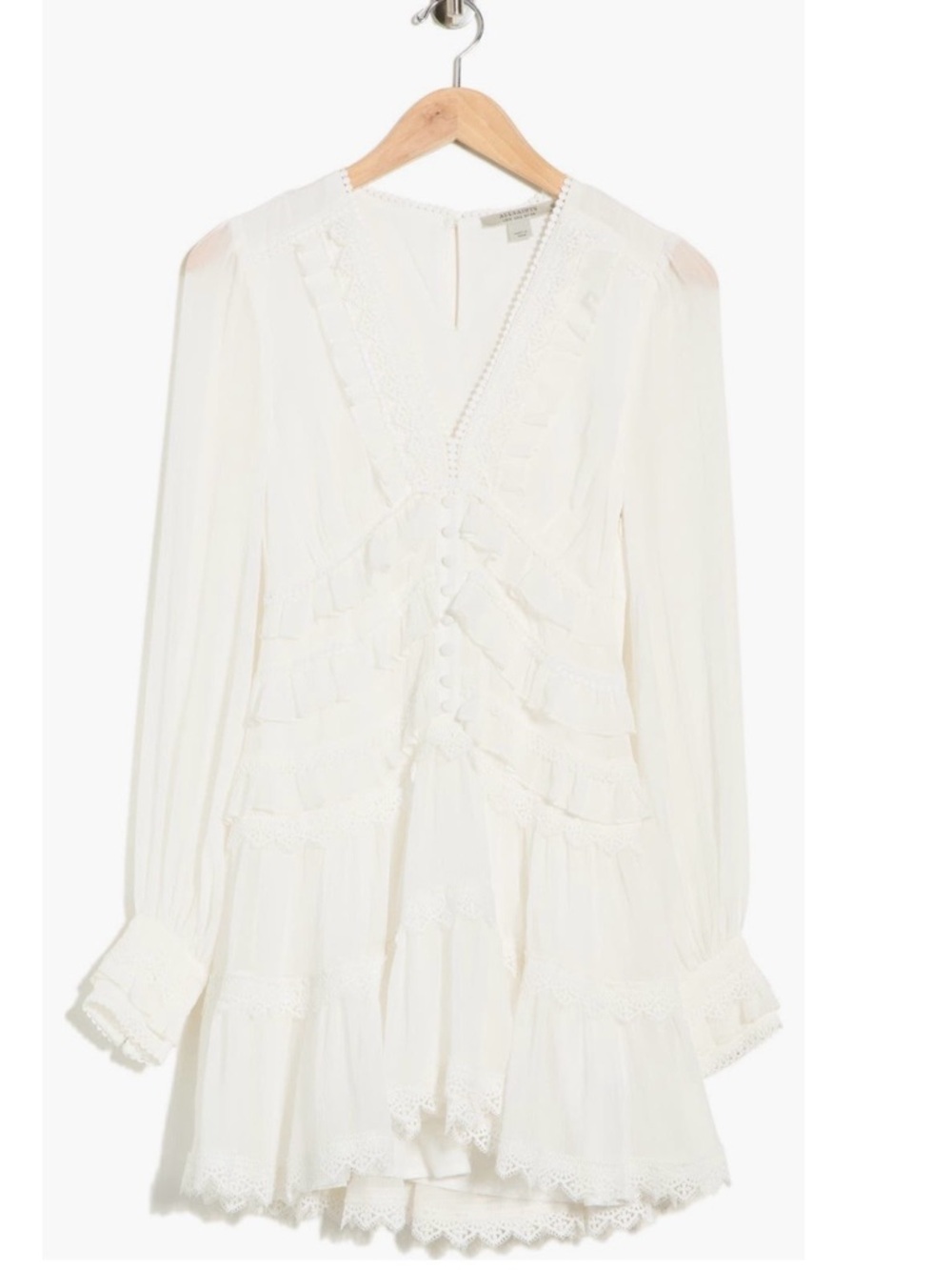 AllSaints Zaphia Long Sleeve Babydoll Minidress in White - Picture 3 of 14